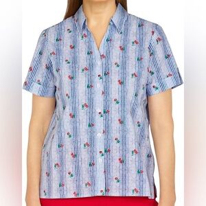 Alfred Dunner White and Blue Button Down Shirt Cherry Size PM